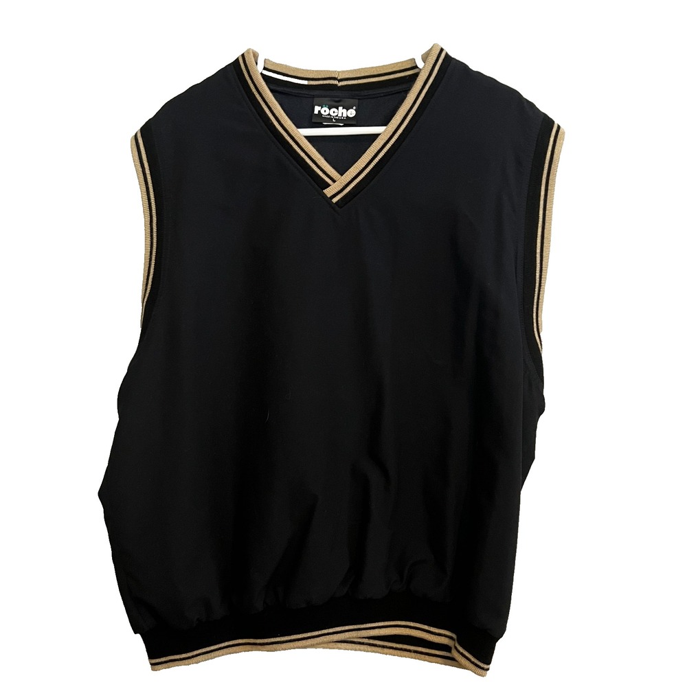 Roche V‎ Neck Golf Vest Men's Black and Tan Size Large Made In USA